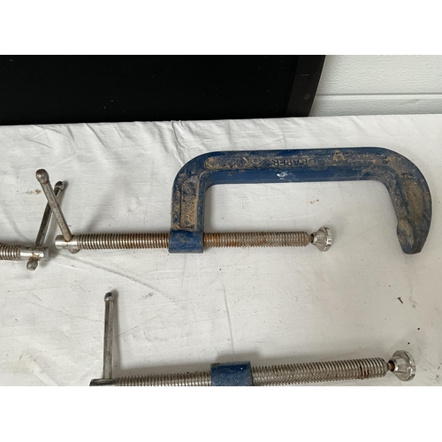 398 - 4 LARGE G CLAMPS AND SASH CLAMP