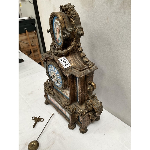 204 - FRENCH GILT METAL MANTEL CLOCK WITH PORCELAIN FACE AND PANELS DECORATED WITH BIRDS FOILAGE CHERUBS E... 