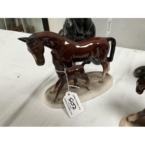 205 - PAIR OF VINTAGE CHALK FIRESIDE DOGS WITH GLASS EYES AND A PAIR OF HORSE & FOAL FIGURES - DOGS 9