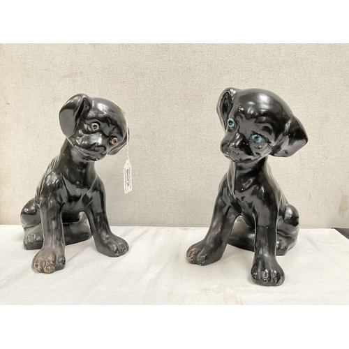 205 - PAIR OF VINTAGE CHALK FIRESIDE DOGS WITH GLASS EYES AND A PAIR OF HORSE & FOAL FIGURES - DOGS 9