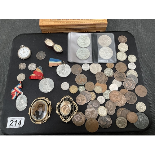 214 - INLAID JEWELLERY BOX TO INCLUDE 2 MOURNING BROOCHES, HALLMARK SILVER FOB WATCH AND QTY OF COINAGE AN... 