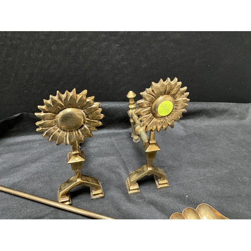 401 - PAIR OF VICTORIAN BRASS FIREDOGS WITH SUNFLOWER DECORATION AND FIRE IRONS