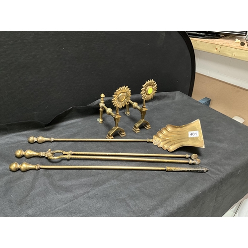 401 - PAIR OF VICTORIAN BRASS FIREDOGS WITH SUNFLOWER DECORATION AND FIRE IRONS