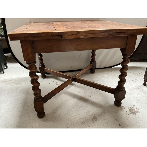 404 - VINTAGE OAK BARLEYTWIST STRETCHERED DRAWER LEAF DINING TABLE H29