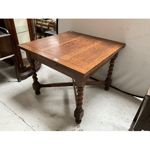 404 - VINTAGE OAK BARLEYTWIST STRETCHERED DRAWER LEAF DINING TABLE H29