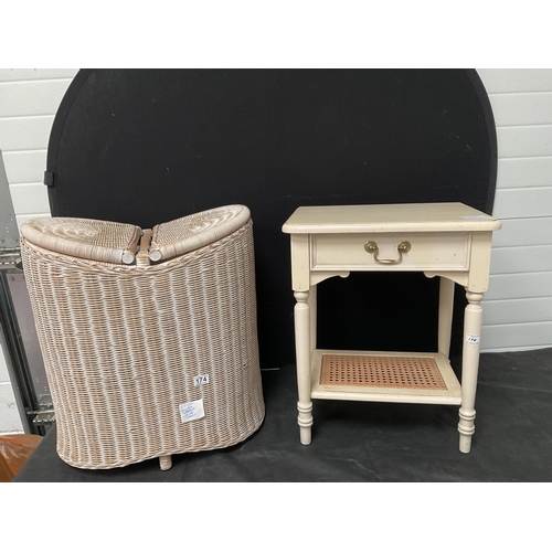 174 - MODERN WOVEN DOUBLE SIDED LINEN BASKET, AND A BADGED LAURA ASHLEY LAMP TABLE WITH SINGLE DRAWER ON T... 