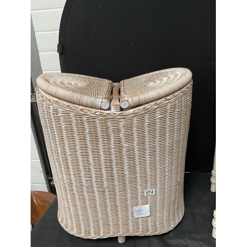 174 - MODERN WOVEN DOUBLE SIDED LINEN BASKET, AND A BADGED LAURA ASHLEY LAMP TABLE WITH SINGLE DRAWER ON T... 