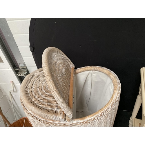 174 - MODERN WOVEN DOUBLE SIDED LINEN BASKET, AND A BADGED LAURA ASHLEY LAMP TABLE WITH SINGLE DRAWER ON T... 