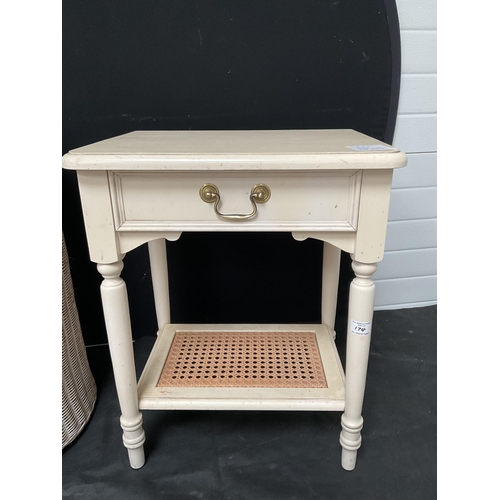 174 - MODERN WOVEN DOUBLE SIDED LINEN BASKET, AND A BADGED LAURA ASHLEY LAMP TABLE WITH SINGLE DRAWER ON T... 