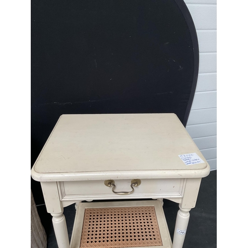 174 - MODERN WOVEN DOUBLE SIDED LINEN BASKET, AND A BADGED LAURA ASHLEY LAMP TABLE WITH SINGLE DRAWER ON T... 