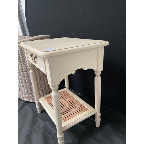 174 - MODERN WOVEN DOUBLE SIDED LINEN BASKET, AND A BADGED LAURA ASHLEY LAMP TABLE WITH SINGLE DRAWER ON T... 