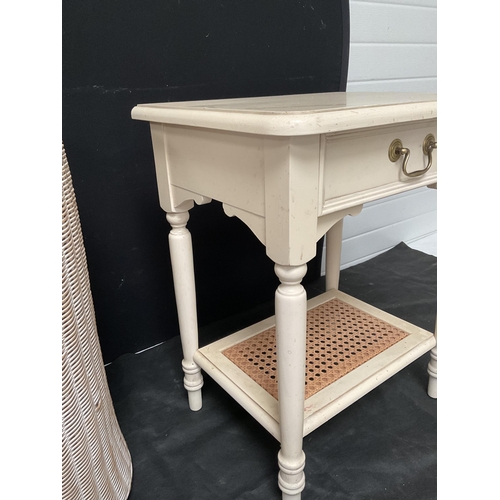 174 - MODERN WOVEN DOUBLE SIDED LINEN BASKET, AND A BADGED LAURA ASHLEY LAMP TABLE WITH SINGLE DRAWER ON T... 
