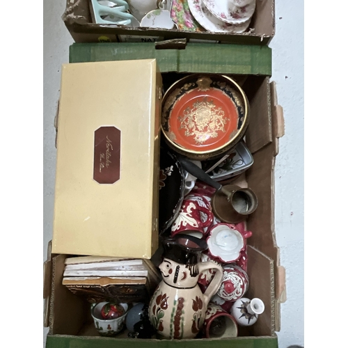 48 - 6 BOXES OF CHINA TO INCLUDE TEA SERVICE, AND 2 VINTAGE MINIATURE FOLDING DOLLS DECK CHAIRS  ETC