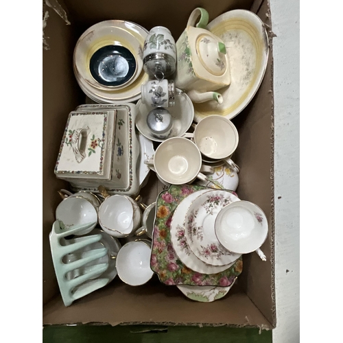 48 - 6 BOXES OF CHINA TO INCLUDE TEA SERVICE, AND 2 VINTAGE MINIATURE FOLDING DOLLS DECK CHAIRS  ETC