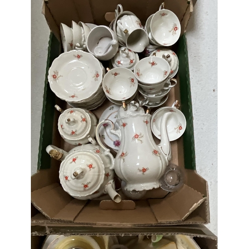 48 - 6 BOXES OF CHINA TO INCLUDE TEA SERVICE, AND 2 VINTAGE MINIATURE FOLDING DOLLS DECK CHAIRS  ETC