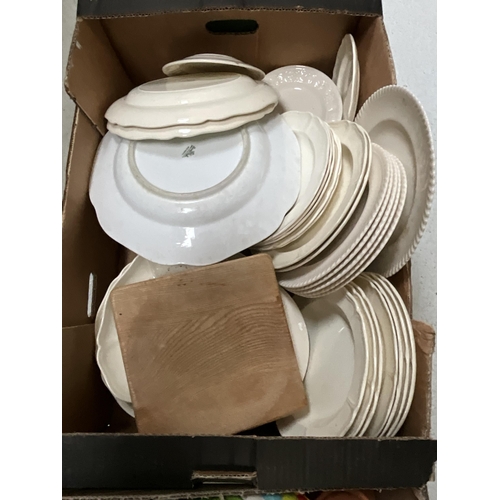 48 - 6 BOXES OF CHINA TO INCLUDE TEA SERVICE, AND 2 VINTAGE MINIATURE FOLDING DOLLS DECK CHAIRS  ETC