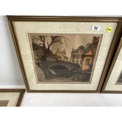 50 - 3 X  FRAMED VINTAGE COLOURED ETCHINGS LIMITED EDITION 65/350, 60/350 AND 319/350 - CARRYING PENCIL S... 