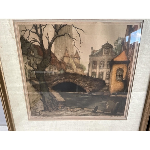 50 - 3 X  FRAMED VINTAGE COLOURED ETCHINGS LIMITED EDITION 65/350, 60/350 AND 319/350 - CARRYING PENCIL S... 