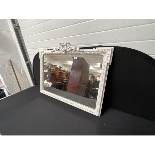 67 - WHITE PAINTED FRAMED WALL MIRROR WITH RIBBON DECORATION TO TOP 30