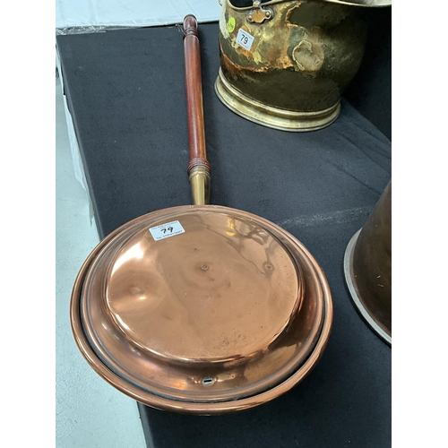 79 - VICTORIAN BRASS COAL SCUTTLE, COPPER COAL HOD AND COPPER WARMING PAN