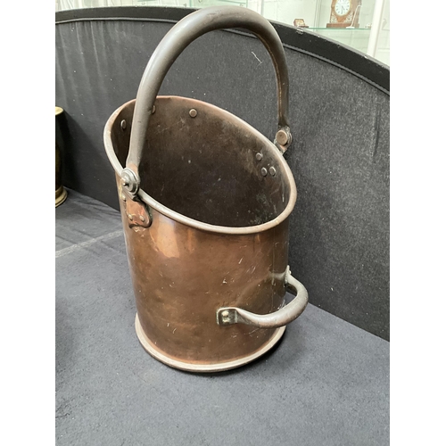 79 - VICTORIAN BRASS COAL SCUTTLE, COPPER COAL HOD AND COPPER WARMING PAN