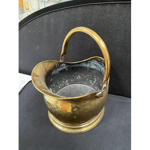 79 - VICTORIAN BRASS COAL SCUTTLE, COPPER COAL HOD AND COPPER WARMING PAN