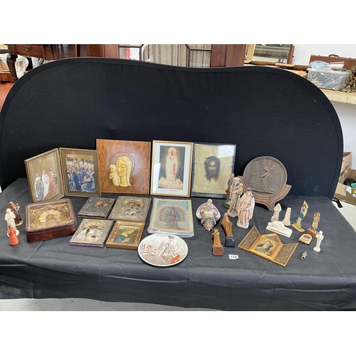 146 - BOX OF MAINLY RELIGOUS THEMED ITEMS TO INCLUDE ORTHODOX ICONS, VARIOUS FIGURES AND WALL POCKET, JOAN... 