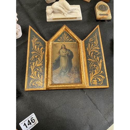 146 - BOX OF MAINLY RELIGOUS THEMED ITEMS TO INCLUDE ORTHODOX ICONS, VARIOUS FIGURES AND WALL POCKET, JOAN... 