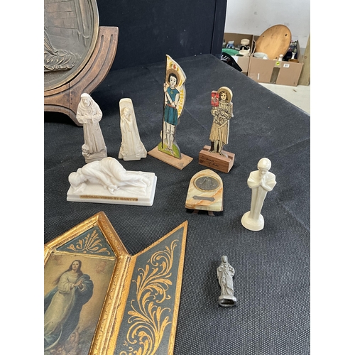 146 - BOX OF MAINLY RELIGOUS THEMED ITEMS TO INCLUDE ORTHODOX ICONS, VARIOUS FIGURES AND WALL POCKET, JOAN... 