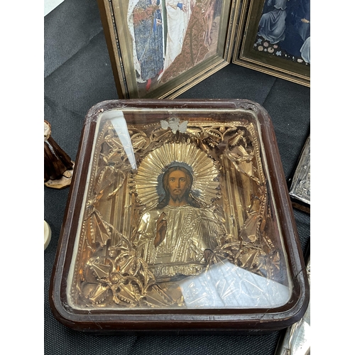 146 - BOX OF MAINLY RELIGOUS THEMED ITEMS TO INCLUDE ORTHODOX ICONS, VARIOUS FIGURES AND WALL POCKET, JOAN... 