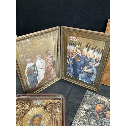 146 - BOX OF MAINLY RELIGOUS THEMED ITEMS TO INCLUDE ORTHODOX ICONS, VARIOUS FIGURES AND WALL POCKET, JOAN... 