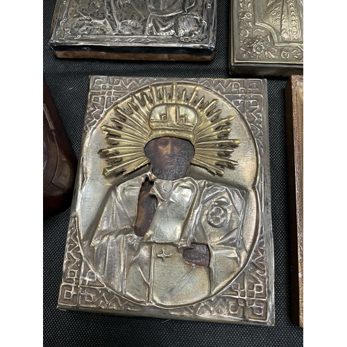 146 - BOX OF MAINLY RELIGOUS THEMED ITEMS TO INCLUDE ORTHODOX ICONS, VARIOUS FIGURES AND WALL POCKET, JOAN... 