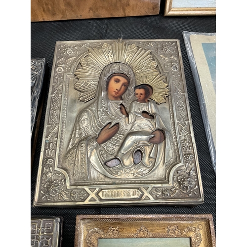 146 - BOX OF MAINLY RELIGOUS THEMED ITEMS TO INCLUDE ORTHODOX ICONS, VARIOUS FIGURES AND WALL POCKET, JOAN... 