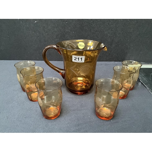 211 - VINTAGE ETCHED AMBER GLASS WATER SET - JUG AND 6 TUMBLERS