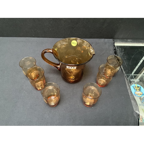 211 - VINTAGE ETCHED AMBER GLASS WATER SET - JUG AND 6 TUMBLERS