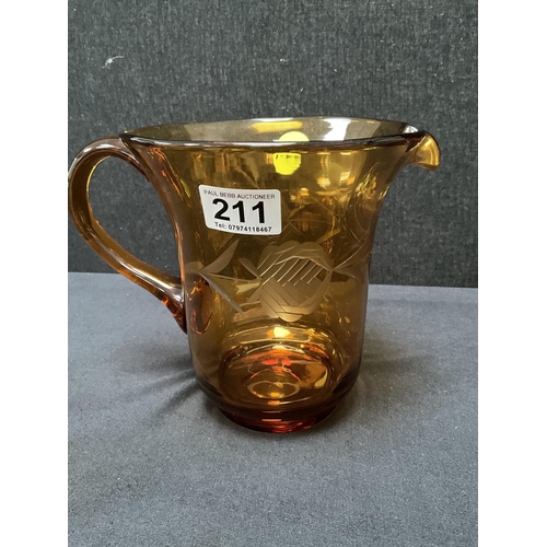 211 - VINTAGE ETCHED AMBER GLASS WATER SET - JUG AND 6 TUMBLERS