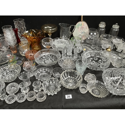 20 - 3 BOXES OF GLASSWARE TO INCLUDE WATERJUGS, VASES, FRUIT BOWLS ETC