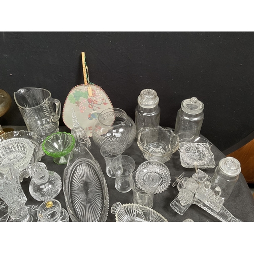 20 - 3 BOXES OF GLASSWARE TO INCLUDE WATERJUGS, VASES, FRUIT BOWLS ETC