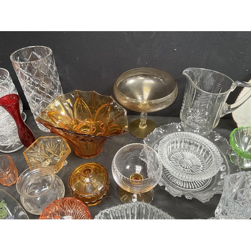 20 - 3 BOXES OF GLASSWARE TO INCLUDE WATERJUGS, VASES, FRUIT BOWLS ETC