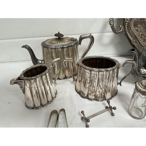 4 - BOX OF SILVER PLATED ITEMS TO INCLUDE 3 PIECE TEA SET