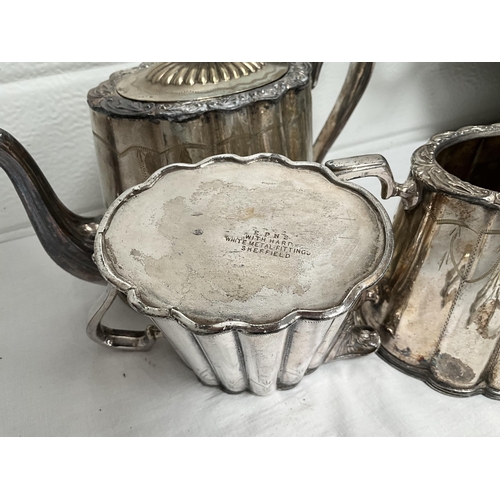 4 - BOX OF SILVER PLATED ITEMS TO INCLUDE 3 PIECE TEA SET