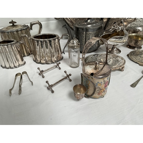 4 - BOX OF SILVER PLATED ITEMS TO INCLUDE 3 PIECE TEA SET