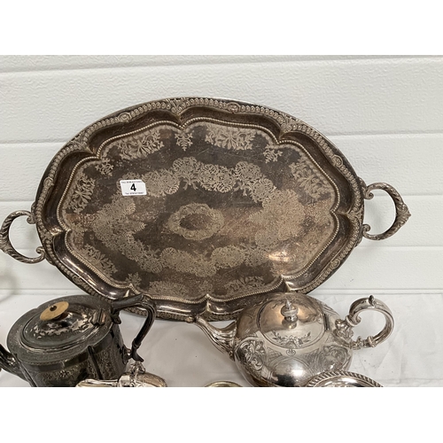 4 - BOX OF SILVER PLATED ITEMS TO INCLUDE 3 PIECE TEA SET