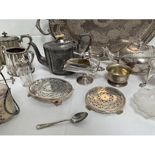 4 - BOX OF SILVER PLATED ITEMS TO INCLUDE 3 PIECE TEA SET