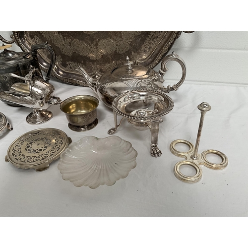 4 - BOX OF SILVER PLATED ITEMS TO INCLUDE 3 PIECE TEA SET