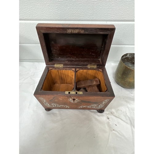 35 - VICTORIAN SARCOPHAGUS SHAPED TEA CADDY WITH MOTHER OF PEARL INLAY, SMALL FOLD OUT RELIGIOUS ICON, PA... 