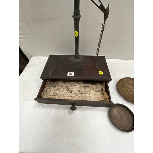 37 - VICTORIAN BALANCE SCALES MAHOGANY  BASE WITH DRAWER