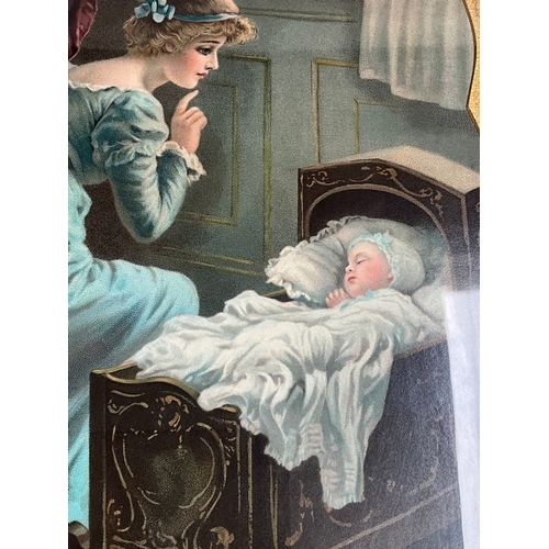 38 - PAIR OF OAK FRAMED GLAZED VICTORIAN PRINTS OF BABY IN CRIB 30