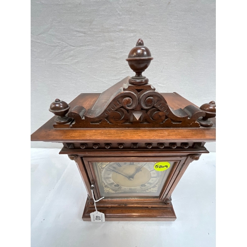 40 - VICTORIAN OAK BRACKET CLOCK WITH GILT FACE PIERCED FRETWORK AT BACK WITH KEY & PENDULUM 14