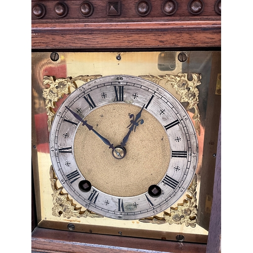 40 - VICTORIAN OAK BRACKET CLOCK WITH GILT FACE PIERCED FRETWORK AT BACK WITH KEY & PENDULUM 14